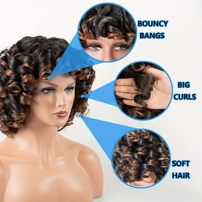 Synthetic Wig 14-Inch Kinky Curly Afro with Bangs in Black, Black-Brown or Golden 33/27 for Daily Style