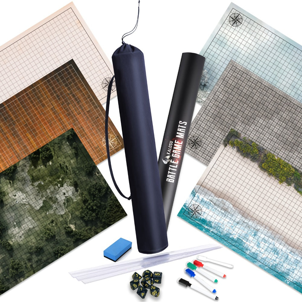 DnD Battle Map 3 Pack 24x36 Inch Dry Erase – Double-Sided 6 Terrain Grid Mats with Dice Accessories & Shoulder Bag