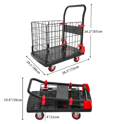 Folding Platform Cart with Removable Cage & Silent Wheels, 400-, Anti-Skid Deck, Telescopic Handle for Moving