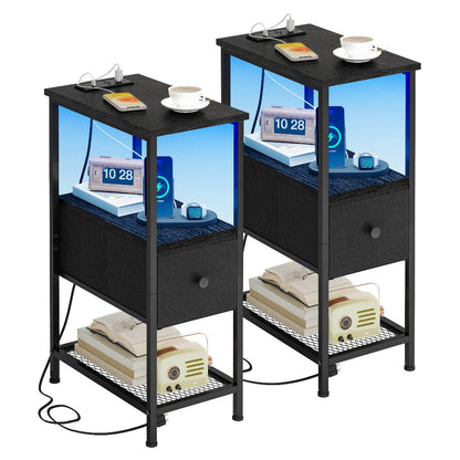 Nightstand Slim One or Two Fabric Drawers with Charging Station, LED Light and Single or Two-Pack Choice