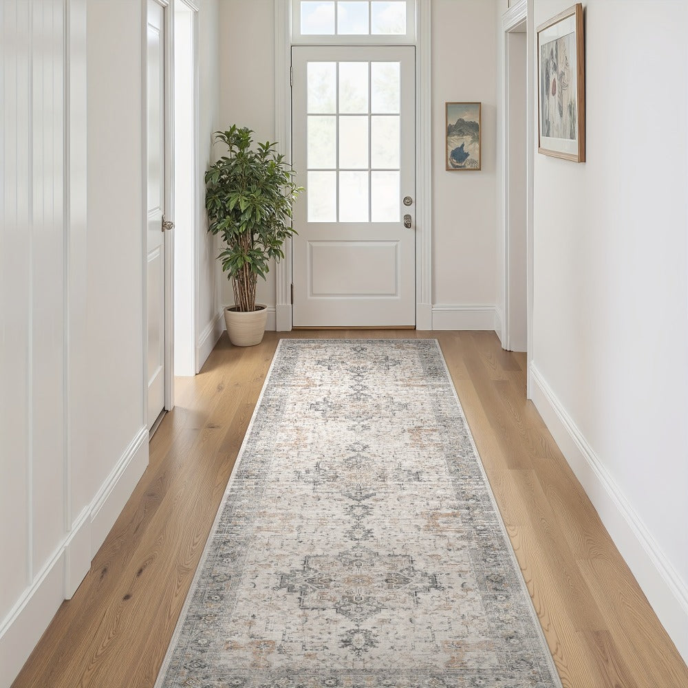 Runner Rug Machine Washable Non-Slip Vintage Hallway Area Rug Low Pile Lightweight Boho Floral for Entryway Kitchen Corridor Light Taupe
