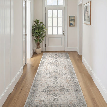 Runner Rug Machine Washable Non-Slip Vintage Hallway Area Rug Low Pile Lightweight Boho Floral for Entryway Kitchen Corridor Light Taupe