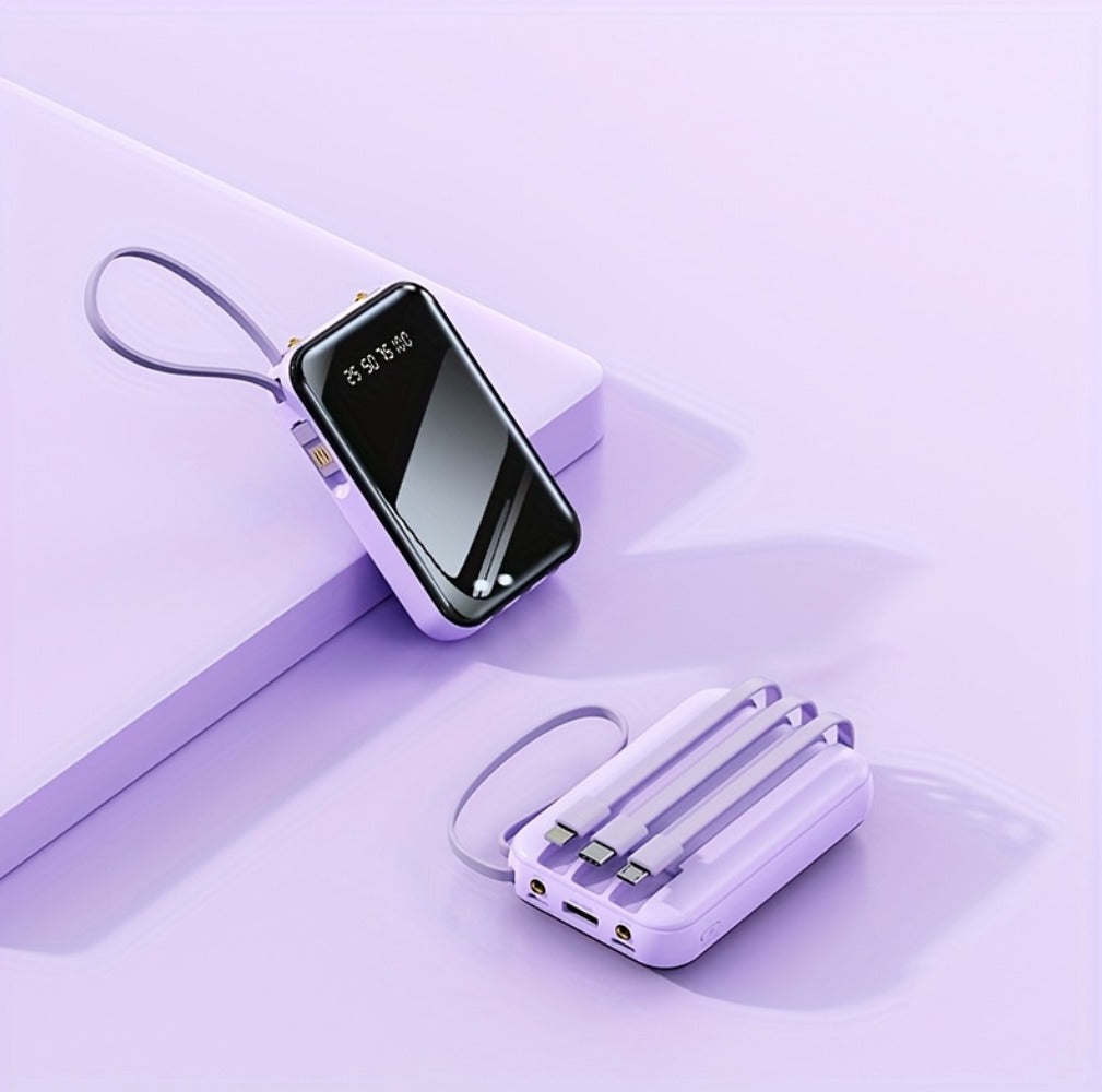 Power Bank 50000mAh 22.5W with Four Built-In Cables, Digital Display and LED Flashlight in Black or Purple