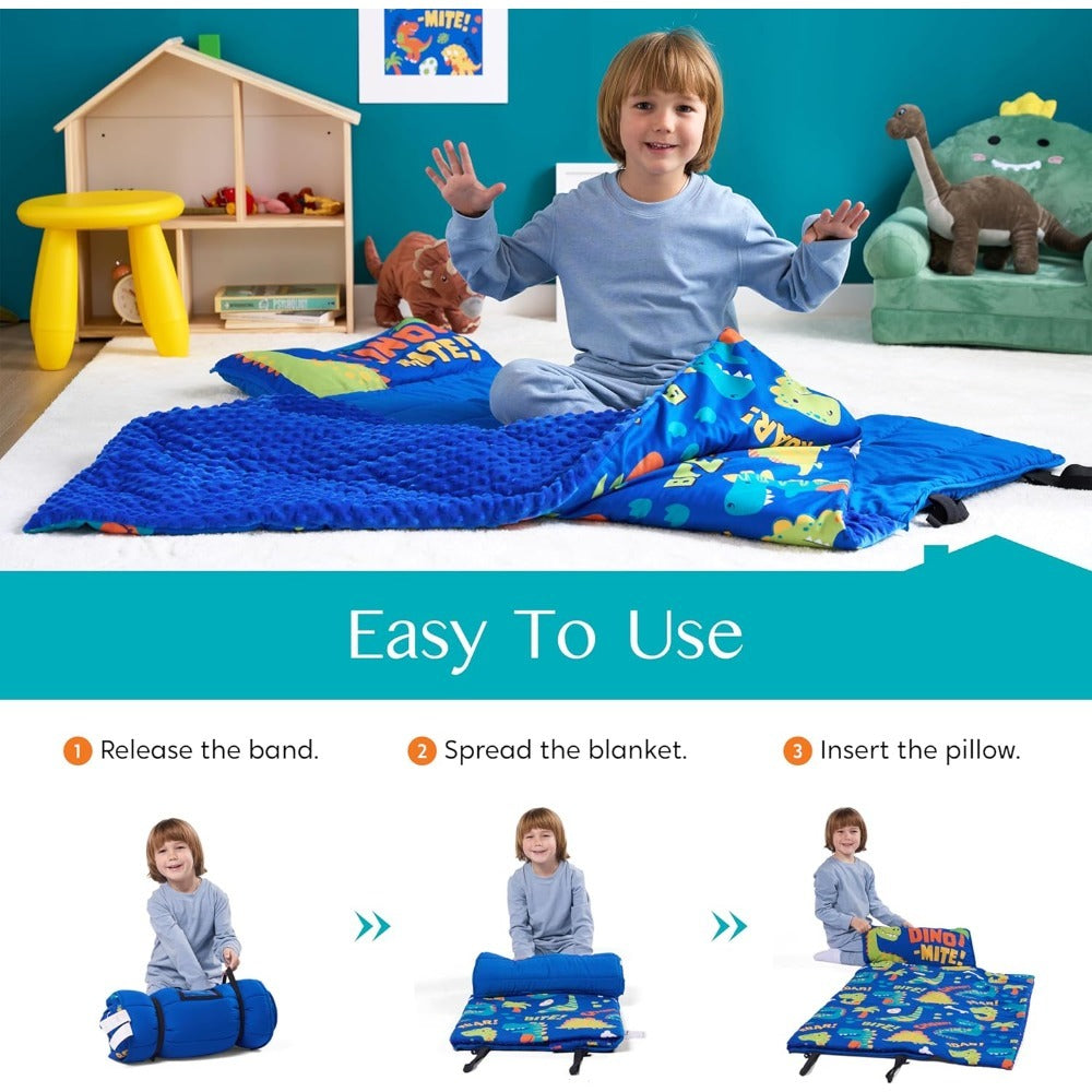 Kids Nap Mat with Removable Pillow & Minky Blanket - Roll-Up Sleeping Bag for Boys Girls, Blue Dinosaur Design