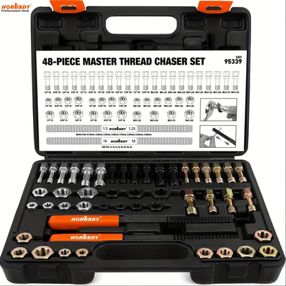 Thread Repair Kit 48-Piece – UNF UNC & Metric Tap and Die Rethreading Set, SAE & Metric Thread Chaser for Bolt & Nut Repair