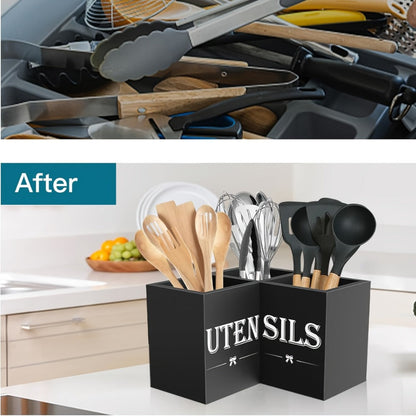 Utensil Caddy Kitchen Organizer 3-Compartment Solid Wood Countertop Holder in Black Farmhouse Style