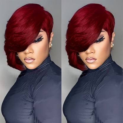 Layered Pixie Human Hair Wig with Side Bangs in #4 Brown, #99J Burgundy or #1 Black Color Options