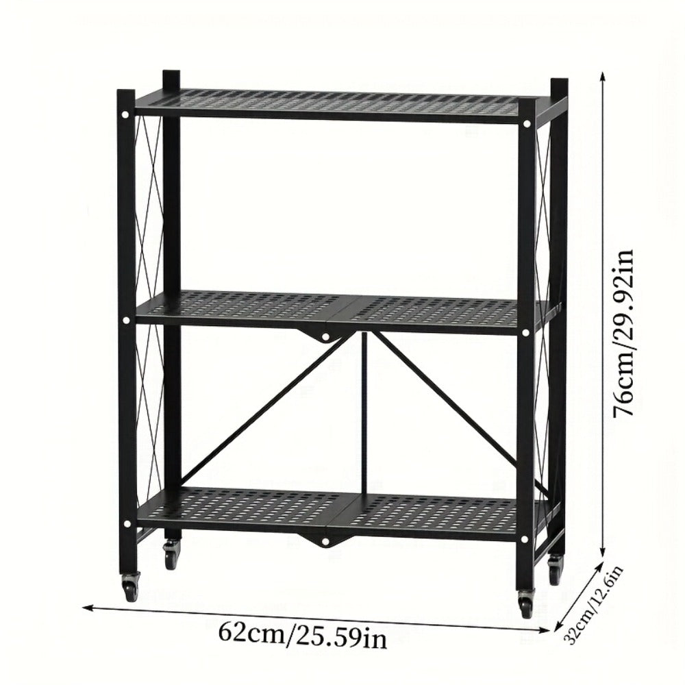 Rolling Foldable Metal Storage Shelf with Three-, Four- or Five-Tier Options in Black or White