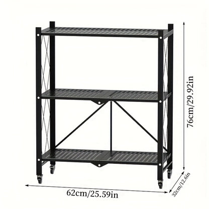 Rolling Foldable Metal Storage Shelf with Three-, Four- or Five-Tier Options in Black or White