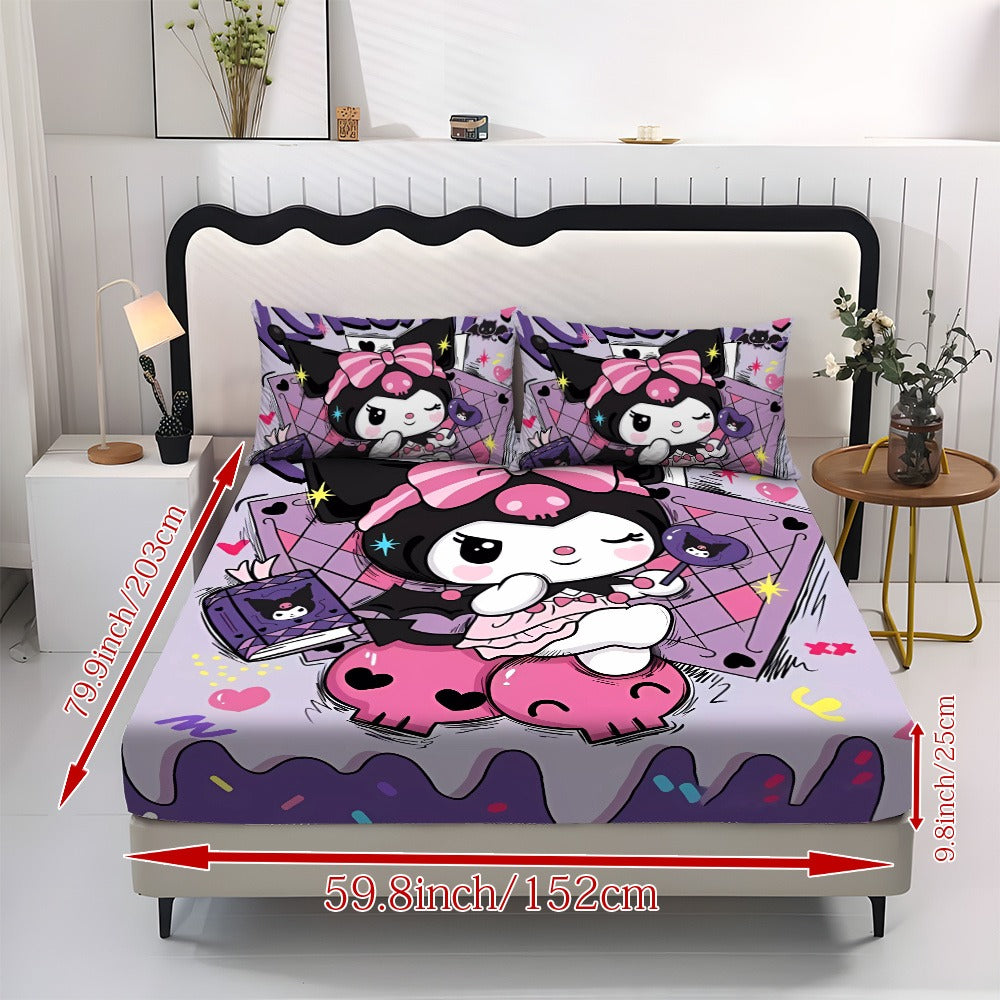 Sanrio Hello Kitty & Kuromi Bedding Set 3pcs, Fitted Sheet & Pillowcases, Polyester, Twin Full Queen King