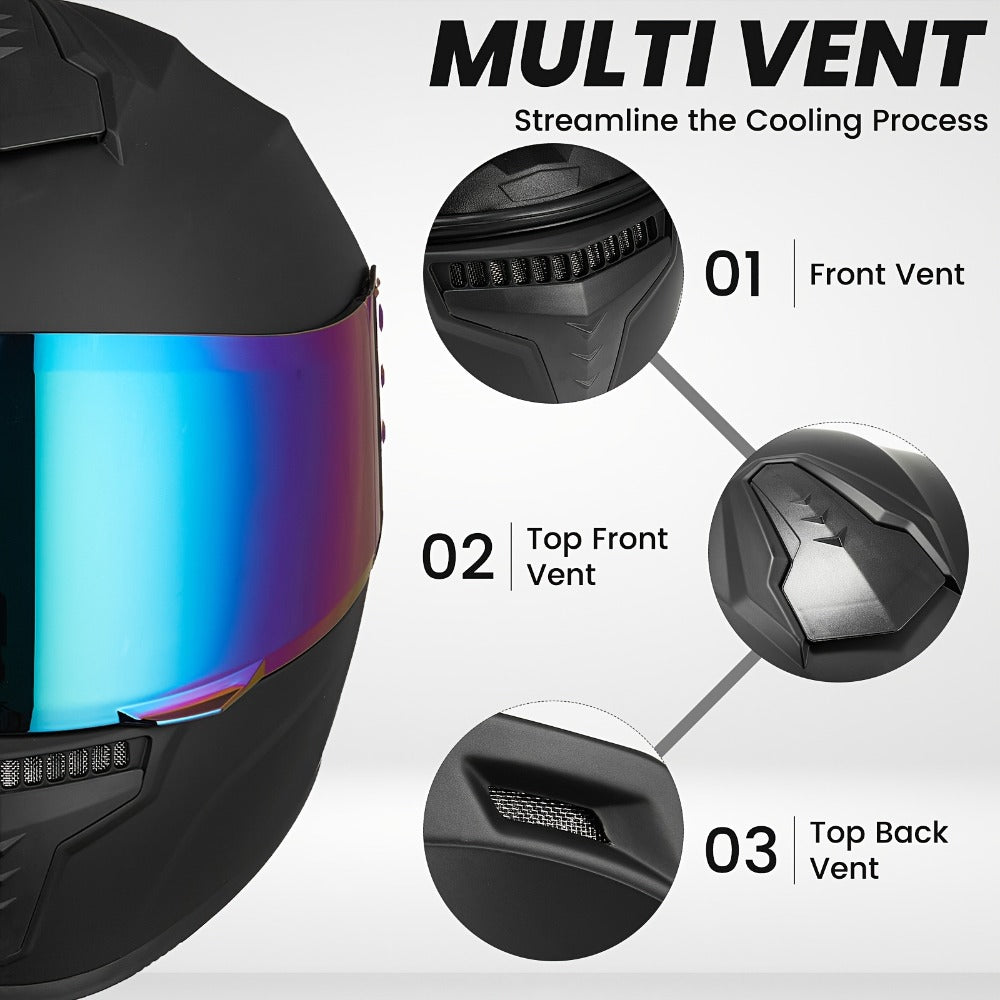 Motorcycle Helmet Full-Face Design in Three Shell Colors, S-XL Sizes, Washable Liner and Multi-Vent Layout