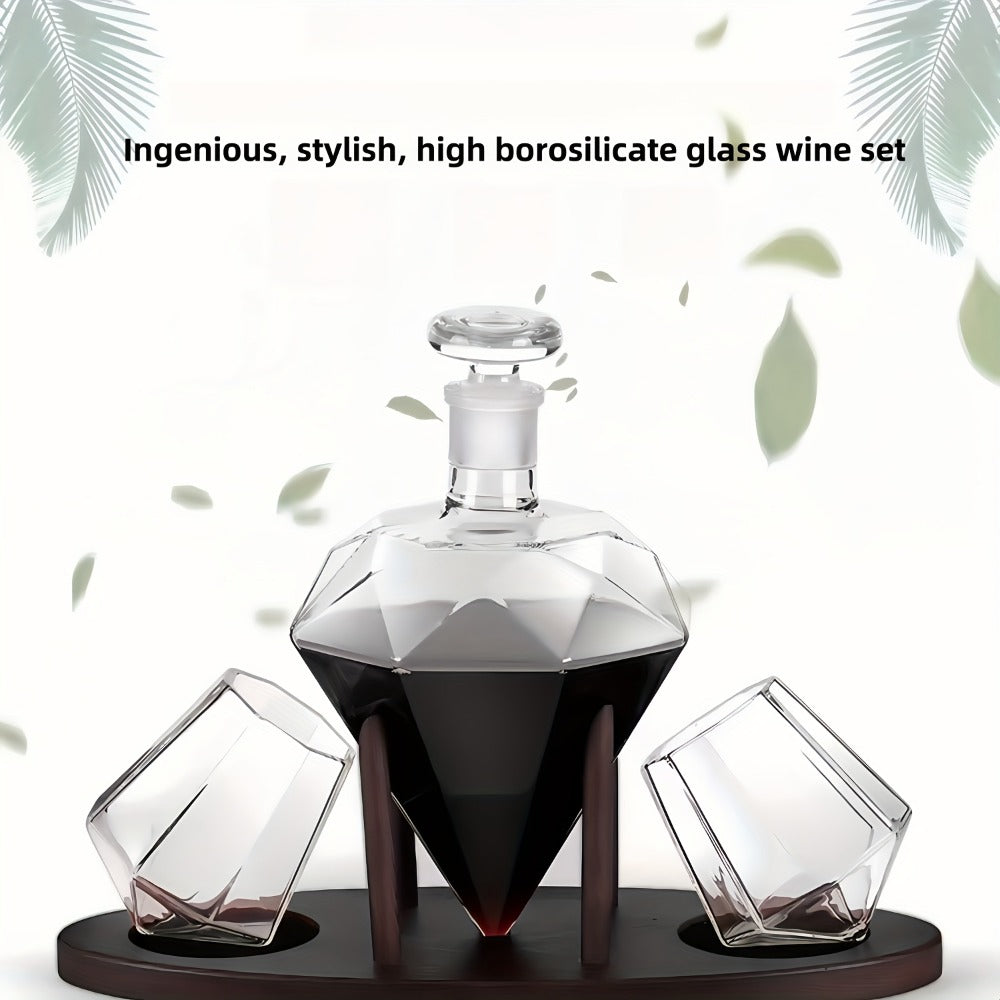 Whiskey Decanter Set with 2 Diamond Glasses & Wooden Rack, Brick Stone Design, Bourbon Rum Vodka Tequila Gift Set for Men Home Bar