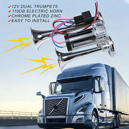 Dual Trumpet Air Horn Kit 12V 110dB – Super Loud Electric Horn with Compressor, Chrome Zinc-Alloy, Universal Fit for Car Truck SUV Boat