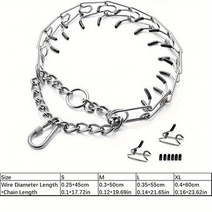 Dog Training Collar Adjustable Prong Design in Silver-Tone Steel with Rubber Tips and S or M Link Sizes