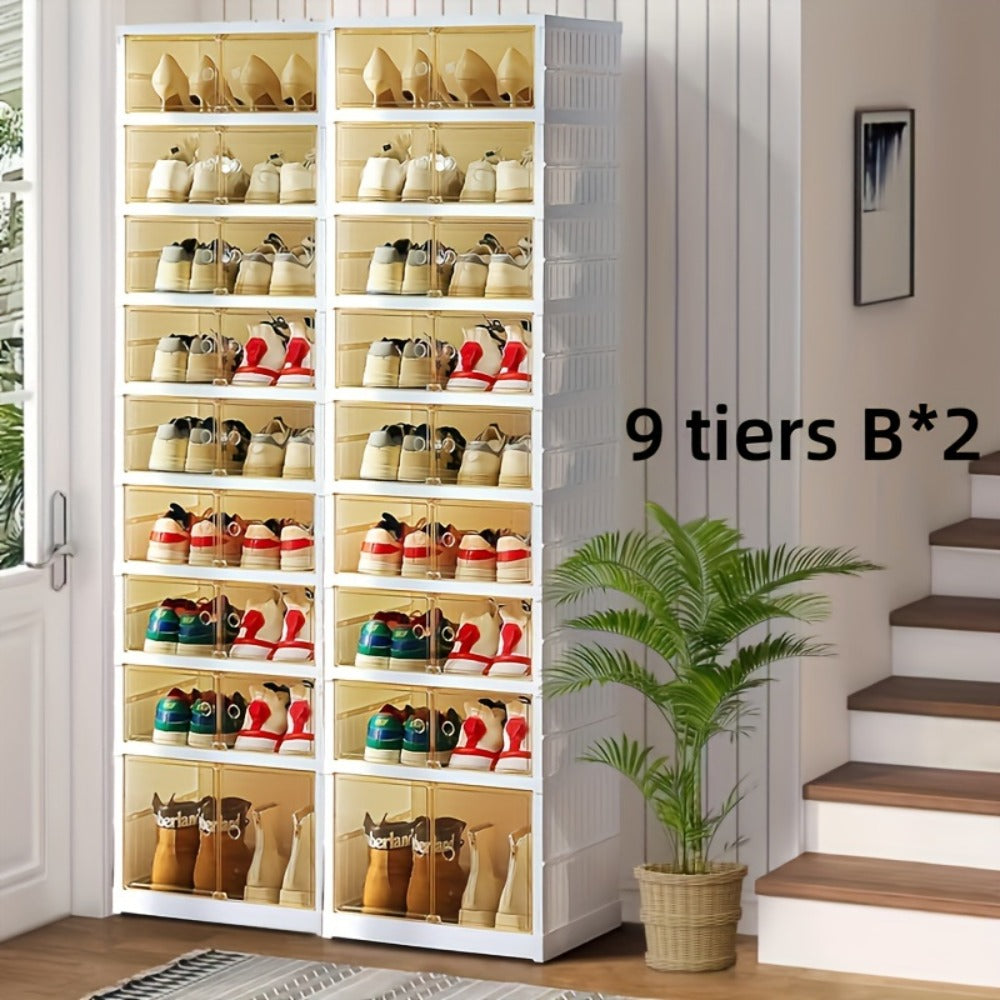 Shoe Rack Organizer 9-Tier, Collapsible Clear Plastic Foldable Stackable Shoe Cabinet with Shelves & Doors