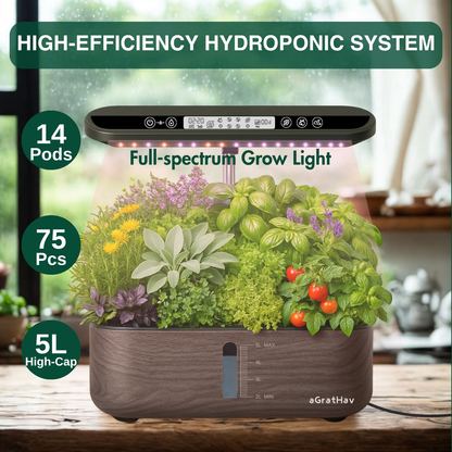 Hydroponic Garden Kit 14-Pod with LED Grow Light – Smart Timer, Quiet Pump & 1.32 Gal Tank, 75-Piece Indoor Herb Garden System