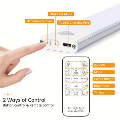 Motion Sensor Cabinet Light LED Under Cabinet Lights USB Rechargeable 3 Color Dimmable with Remote Control Magnetic Wireless Night Light