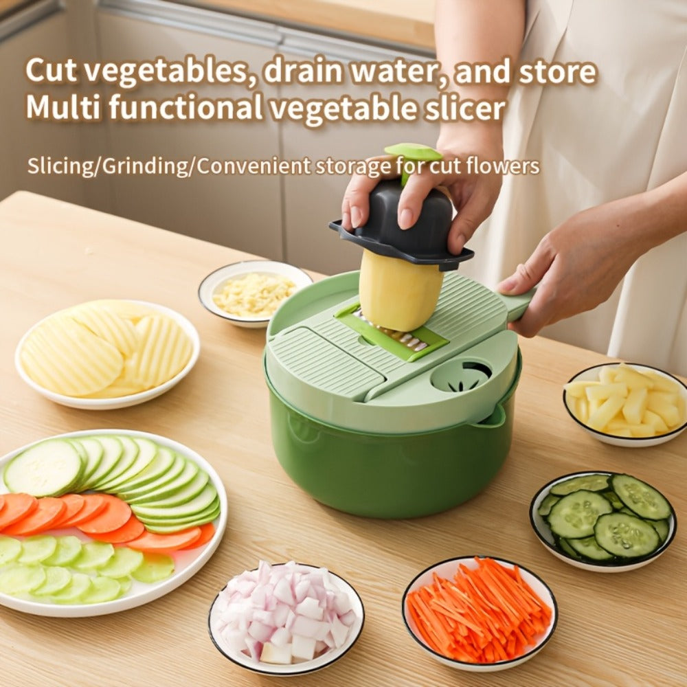 16-in-1 Green Vegetable Chopper with Round Container, Grid Dicing Plates, Slicer, Grater and Peeler Pieces