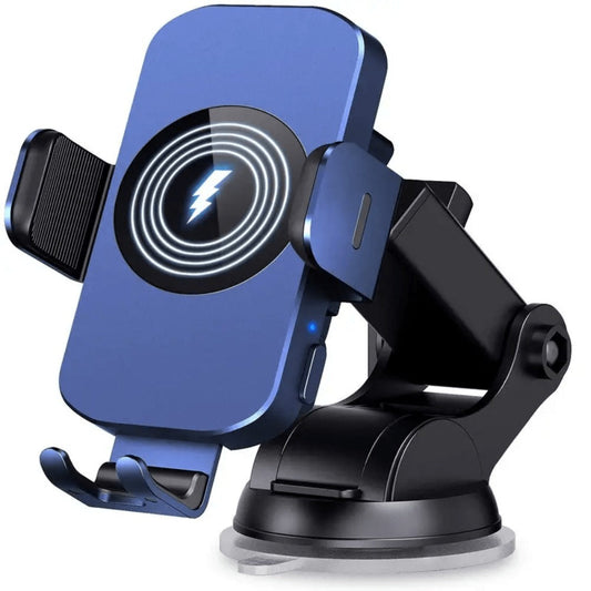 15W Auto-Clamping Wireless Car Phone Mount with Dashboard Suction Base and Blue or Gold Finish