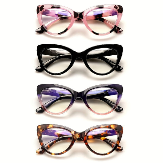 Reading Glasses – Four-Pair Cat-Eye Reader Set with Leopard and Gradient Frames with Multiple Strength and Color Options