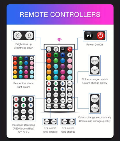 RGB LED Strip Lights for Party Wedding Event with 44-Key Remote – Colorful Color Changing Dimmable 50FT 100FT for Bedroom Kitchen Bar