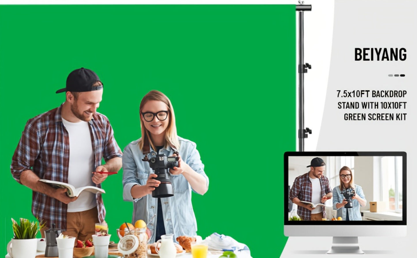 Green Screen Backdrop with Stand Kit 10x10Ft Chroma Key Background 7.5x10Ft Portable Stand with Carrying Bag 4 Clamps for Photoshoot
