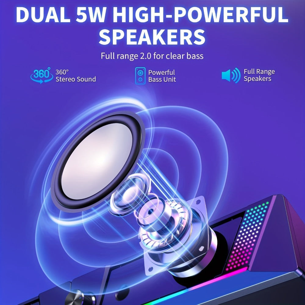 2-in-1 RGB Gaming Computer Speakers Wired, PC Desktop Laptop Soundbar with Subwoofer, Volume Control