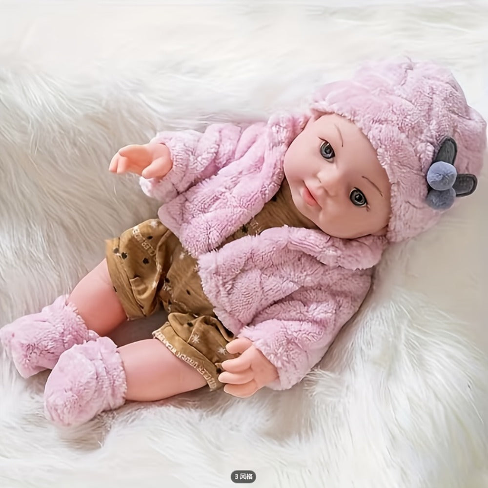 Pink Baby Doll with Open-Eye Face, Pacifier and Textured Outfit Across Three Checkout Style Labels
