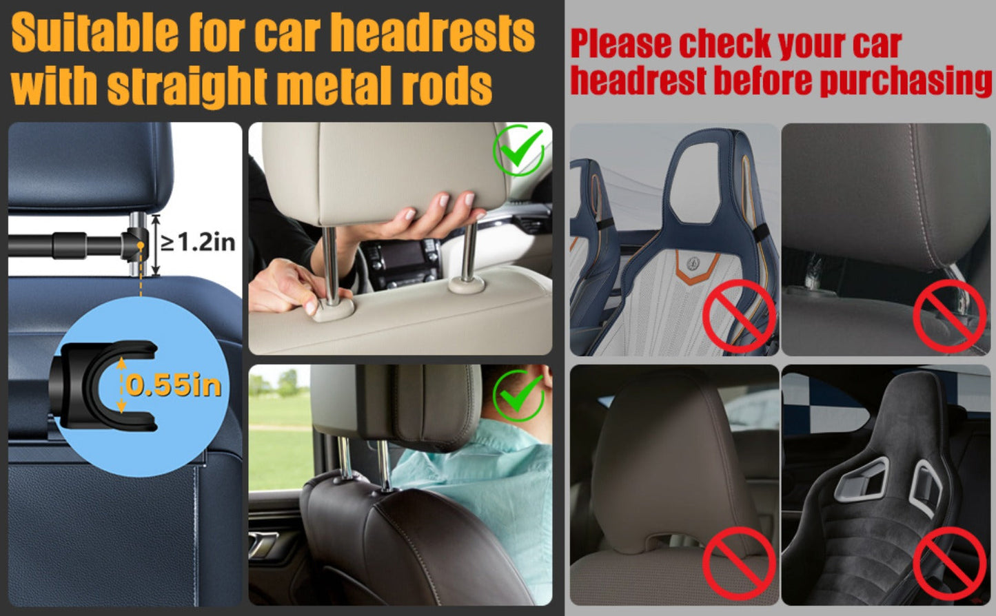 Car Headrest Tablet Mount 2-Pack – 360° Rotating Adjustable Holder for iPad & Tablets 5.5–18.4 Inch, Soft Sponge Padding