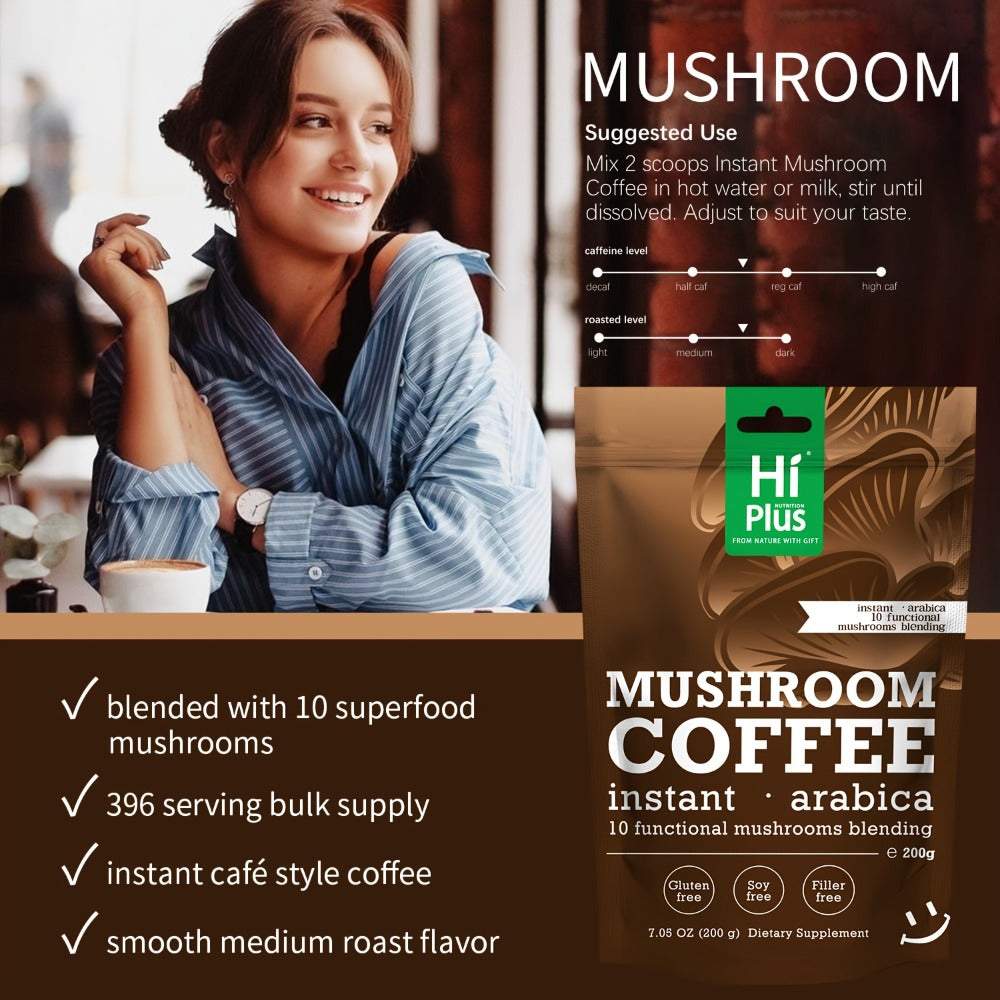 Instant Mushroom Coffee Powder 7oz with Lion's Mane Chaga Reishi Cordyceps Turkey Tail Arabica