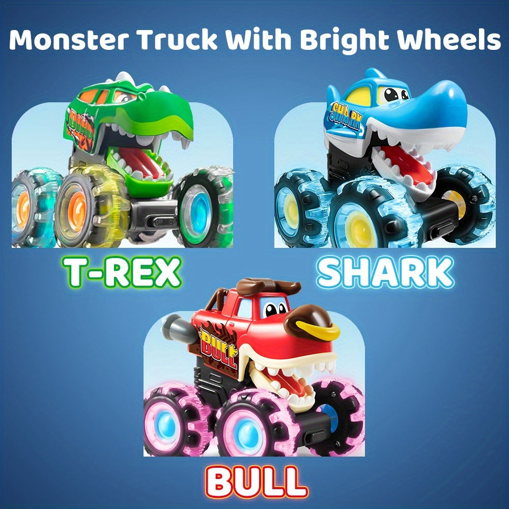 Monster Truck Toys for Toddlers 3-Pack LED Light Up Wheels Press & Go Animal Trucks Shark Bull Dinosaur