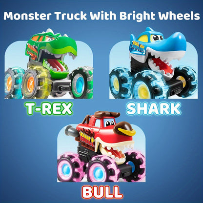 Monster Truck Toys for Toddlers 3-Pack LED Light Up Wheels Press & Go Animal Trucks Shark Bull Dinosaur