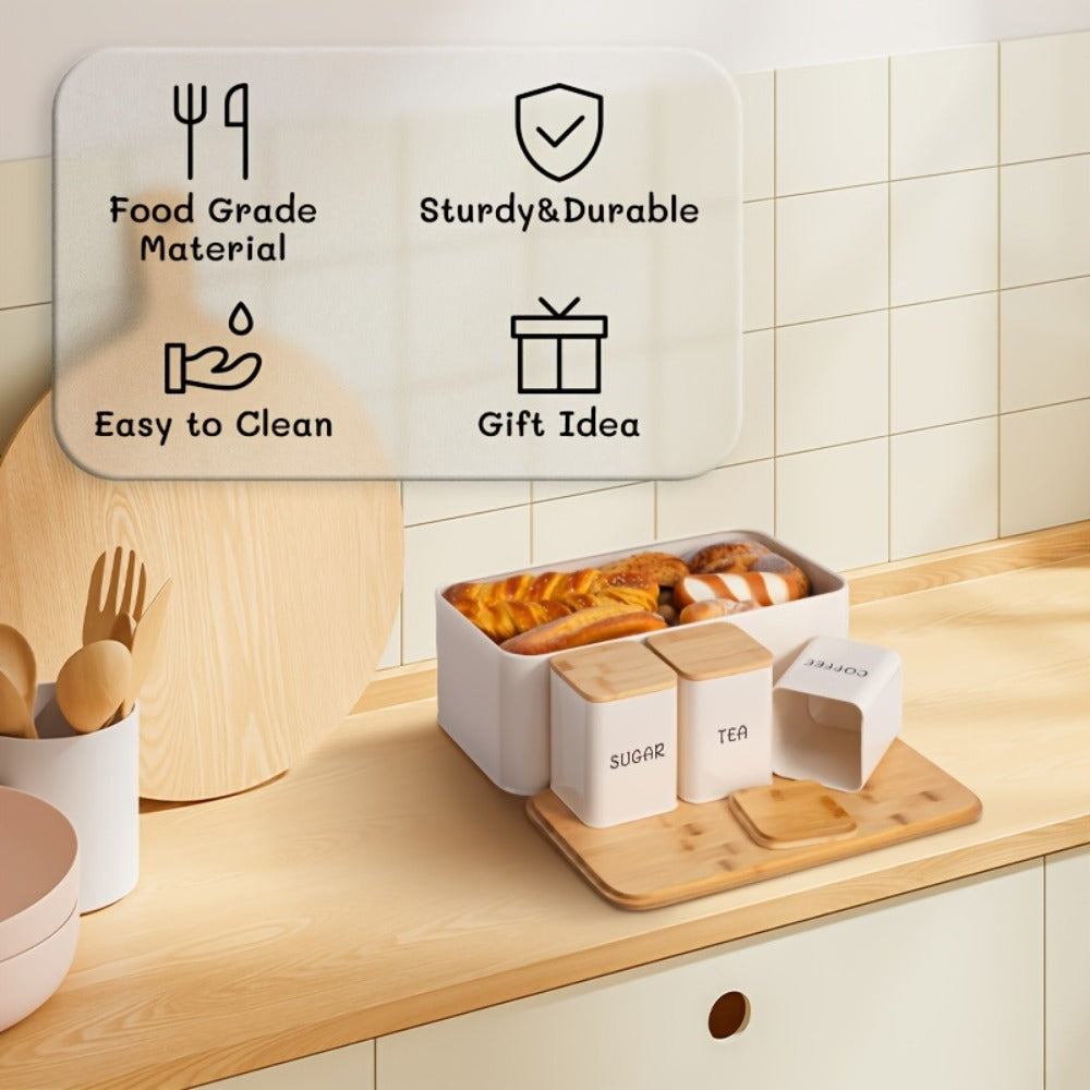 Bread Box with 3 Jars Set for Kitchen Countertop, Metal Bread Box with Bamboo Board Cover, Coffee Sugar Tea Canisters