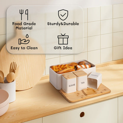 Bread Box with 3 Jars Set for Kitchen Countertop, Metal Bread Box with Bamboo Board Cover, Coffee Sugar Tea Canisters