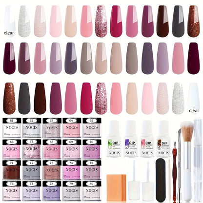 Dip Powder Nail Kit with NOCIS Label, 20 Pink Purple Brown Glitter Powders, Four Liquids and Nail Tools