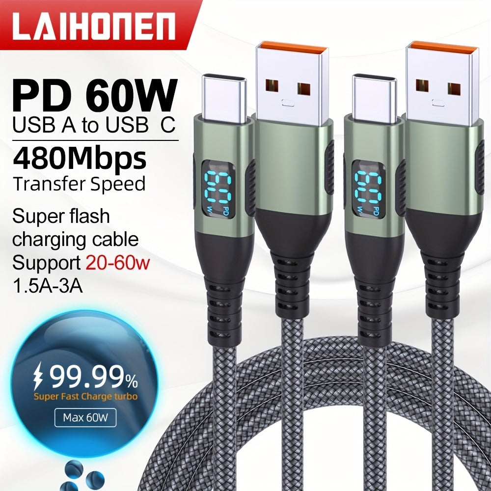 USB-A to USB-C Cable with LED Digital Display, 3A Fast Charging & 480Mbps Data Sync, Nylon Braided Anti-Overheat