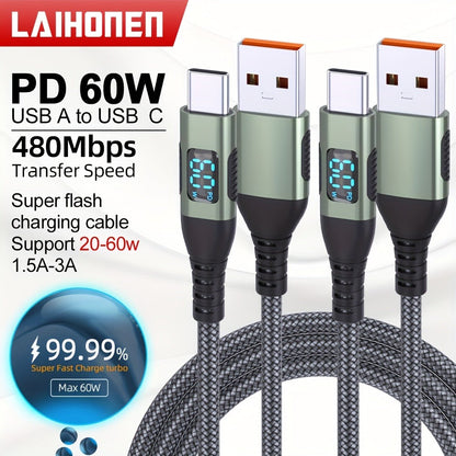 USB-A to USB-C Cable with LED Digital Display, 3A Fast Charging & 480Mbps Data Sync, Nylon Braided Anti-Overheat