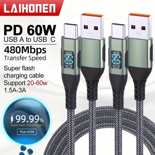 USB-A to USB-C Cable with LED Digital Display, 3A Fast Charging & 480Mbps Data Sync, Nylon Braided Anti-Overheat