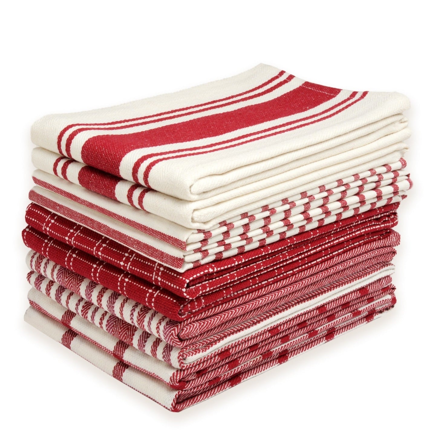 Ten-Pack Cotton Flat-Weave Kitchen Towel Set with Stripe, Check and Solid-Border Designs in Nine Colors