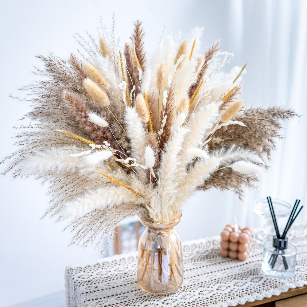 Natural Pampas Grass Decor Bouquet 105/120pcs Boho Dried Floral Arrangement - Centerpiece for Entryways, Bedrooms and Living Spaces