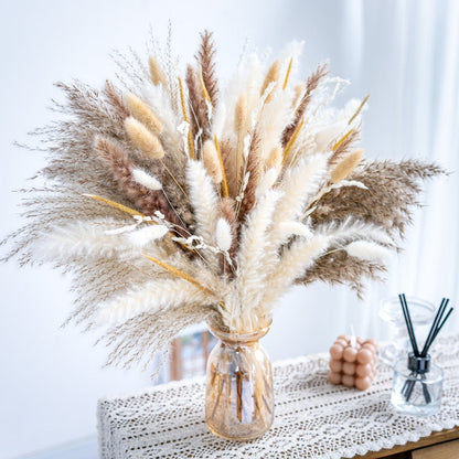 Natural Pampas Grass Decor Bouquet 105/120pcs Boho Dried Floral Arrangement - Centerpiece for Entryways, Bedrooms and Living Spaces