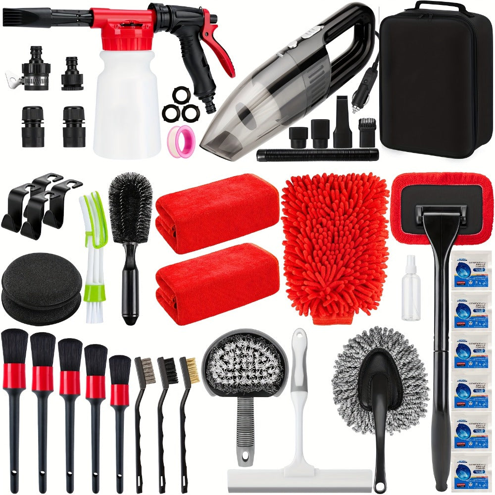 26/42-Piece Complete Car Wash & Detailing Kit – Foam Spray Gun, Portable Vacuum, Windshield Cleaner, Tire Brush