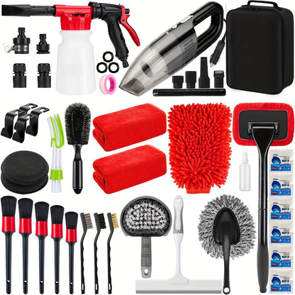 26/42-Piece Complete Car Wash & Detailing Kit – Foam Spray Gun, Portable Vacuum, Windshield Cleaner, Tire Brush