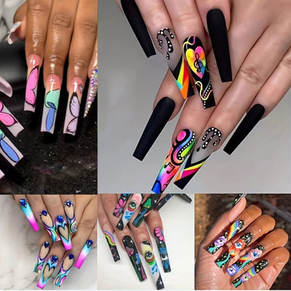 Press On Nails 120-Piece Extra-Long Five-Box Cosmic Eye Rhinestone Matte Floral Stripe Set with Glue