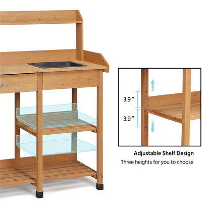 Garden Potting Table 4-Tier with Removable Sink, Adjustable Shelf, Drawer & Side Hooks, Outdoor Planter Stand for Yard Greenhouse in Wood