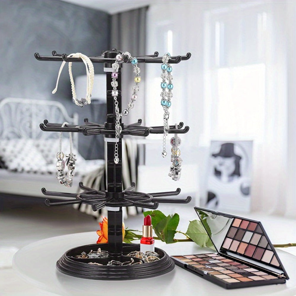 Jewelry Organizer 2-Tier Rotating Black Plastic Stand for Necklaces, Bracelets, Earrings and Keychains