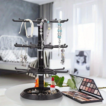 Jewelry Organizer 2-Tier Rotating Black Plastic Stand for Necklaces, Bracelets, Earrings and Keychains