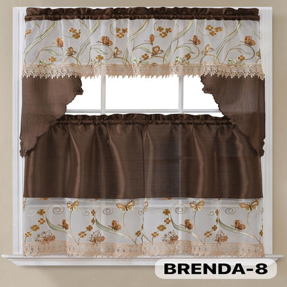 Kitchen Curtains 3 Piece Set Embroidered Satin Valance and Tiers – Rod Pocket Light Filtering Machine Washable 46 Colors