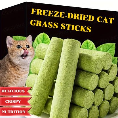 Cat Grass Sticks for Hairballs – Freeze-Dried Treats with Instant Granules & Hair Cream Tablets for Indoor Cats 15pcs