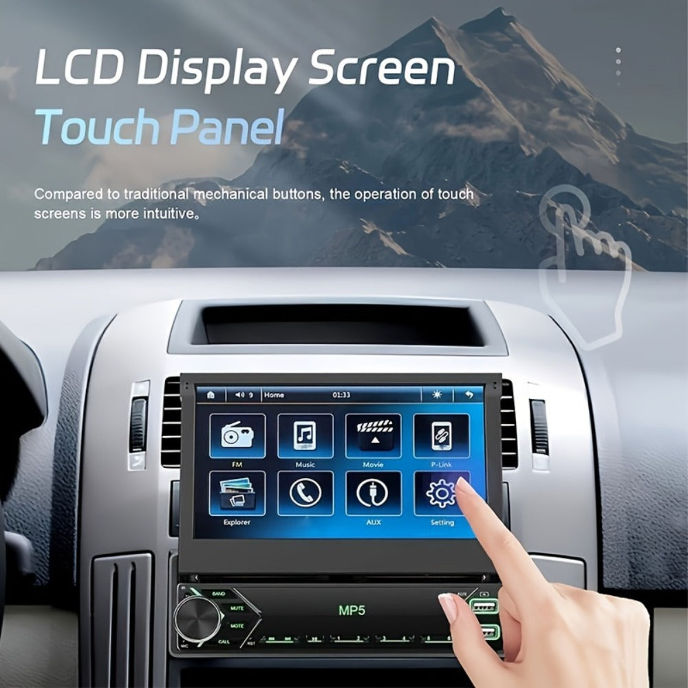 Single DIN Car Stereo – 7" HD Retractable Touchscreen, MP5 Player, Mirror Link, Bluetooth Hands-Free, FM Radio, USB & AUX